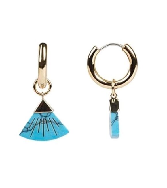 Rebecca Minkoff Jewelry - Rebecca Minkoff NEW Tiny Gold Huggie Hoop Turquoise Carved Fan Charm Earrings
